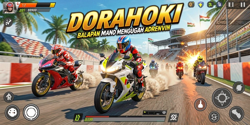 Tangkapan layar DORAHOKI dengan aksi balap motor yang intens.