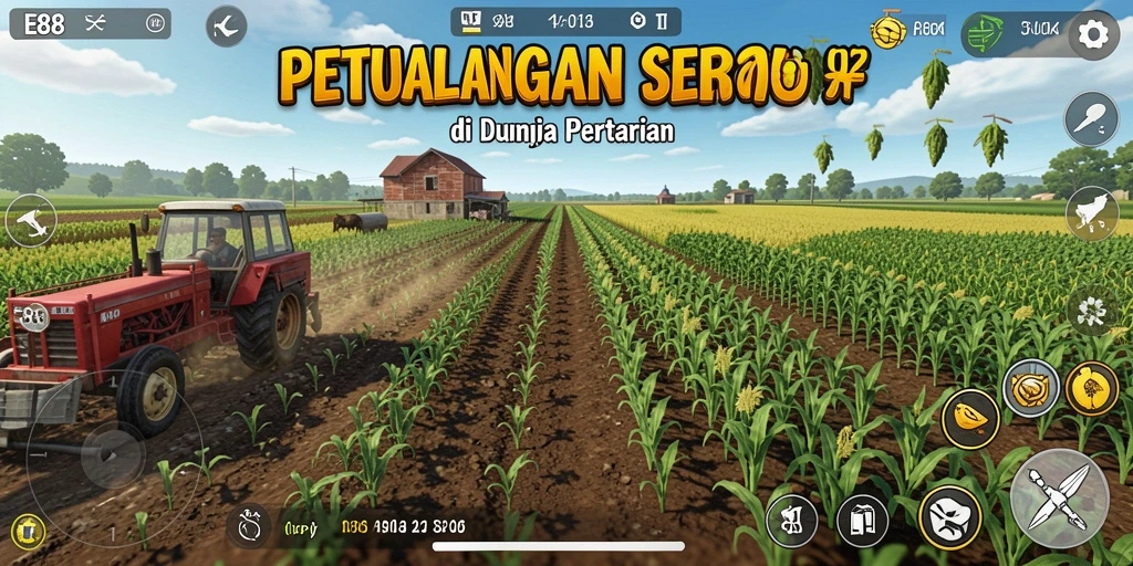 Tampilan utama gameplay E88 yang menggambarkan aktivitas bertani yang menyenangkan.