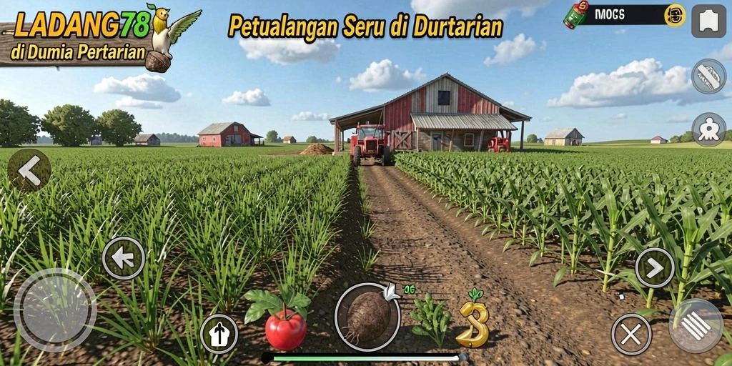 Tampilan gameplay LADANG78 dengan ladang yang hijau dan hewan ternak.