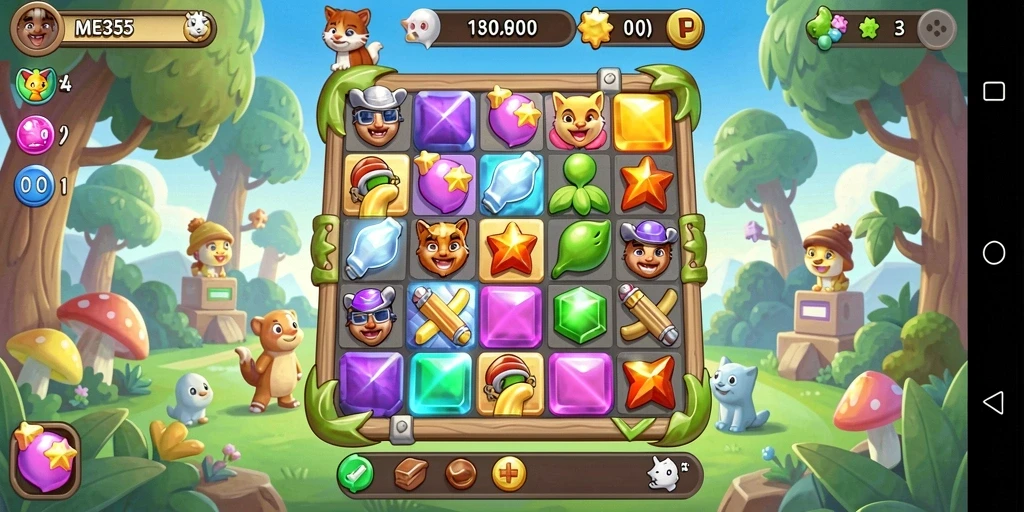 Tangkapan layar gameplay ME355 menunjukkan aksi pencocokan yang seru dan penuh warna.