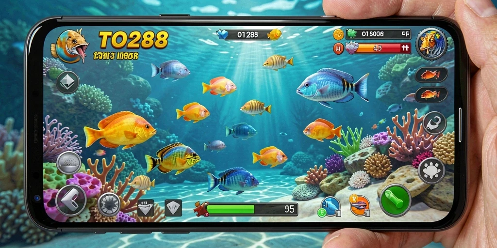 Screenshot utama TO288 menampilkan aksi menangkap ikan yang seru.