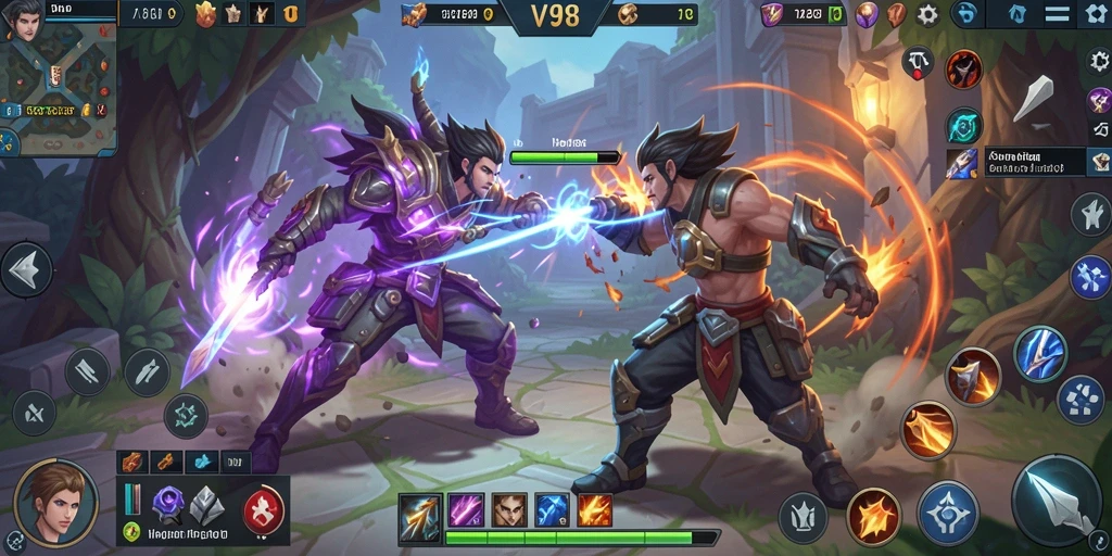 Screenshot gameplay <strong>V98</strong> menampilkan aksi seru di arena MOBA.